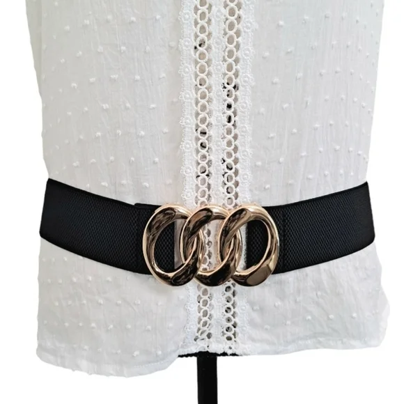 Black wide corset elastic boho stretch waist belt triple Gold chain link belt - Picture 4 of 14